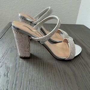 Nina Silver Rhinestone Block Heel Sandals Metallic Evening Dress Shoes 6M